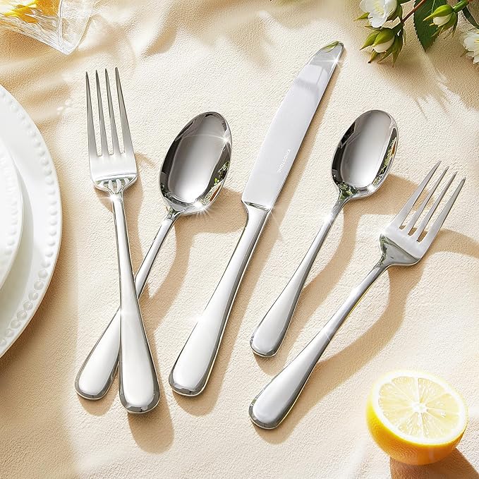 KINGSTONE 45 Pieces Silverware Set for 8, Premium Stainless Steel Flatware Set with Serving Utensils, Heavy Duty and Modern Design Cutlery Set, Mirror Polished, Dishwasher Safe