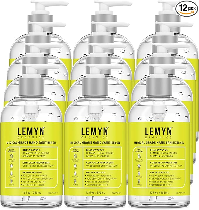 Medical Grade Hand Sanitizer Gel - 97% ORGANIC - 12 FL.OZ. (PACK OF 12)