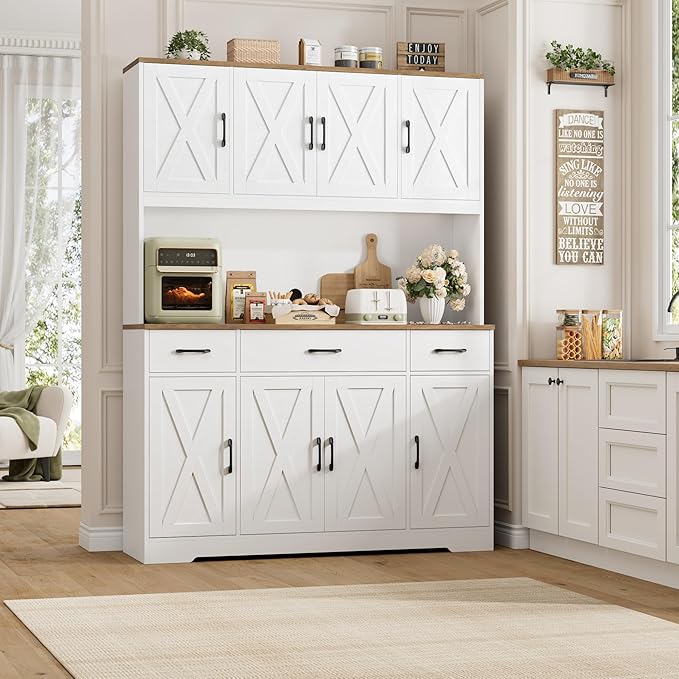 HOSTACK 71" Large Pantry Cabinet with Charging Station, 55" Wide Kitchen Pantry Storage Cabinet with Countertop, Tall Kitchen Hutch with Drawers and Power Outlet for Dining Room, White