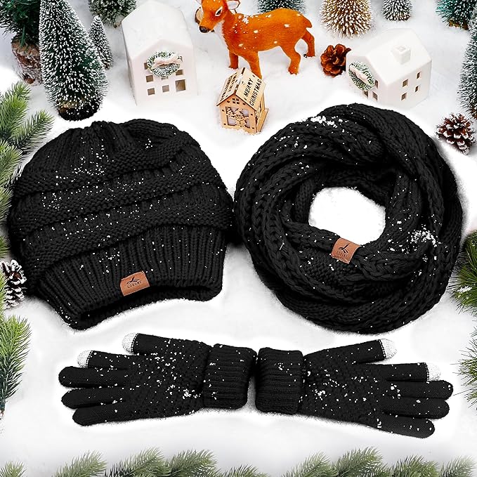 Winter Beanie Hat Scarf Gloves, Warm Fleece Knit Hats Touch Screen Gloves Neck Scarf Set Winter Gifts for Unisex Adult