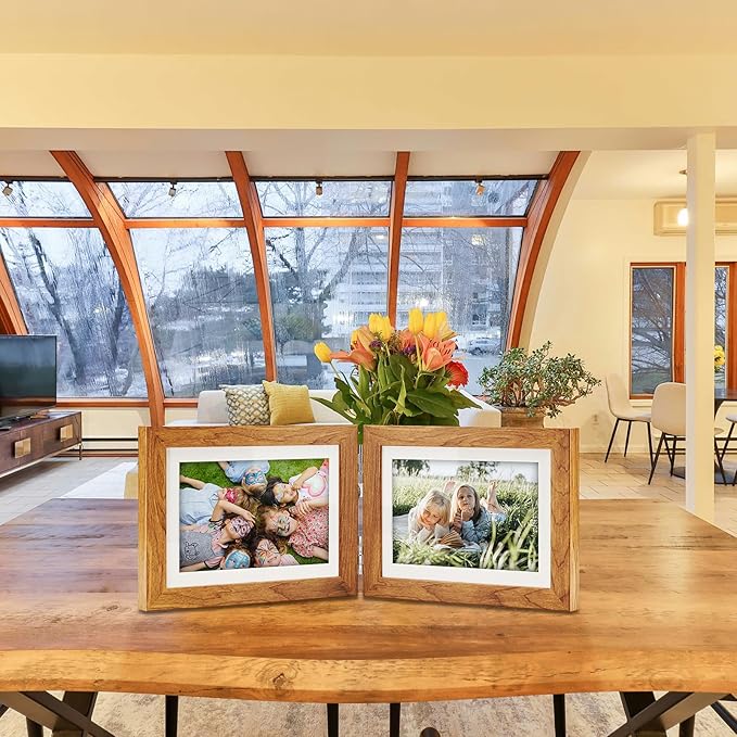 Double Hinged 4X6 Picture Frame with Real Glass-Tabletop or Wall Mounted, Display for 3X5 & 4X6 Photos (with/without Mat)-Rustic Brown, For Family Photos & Wedding Memories-Z64X2