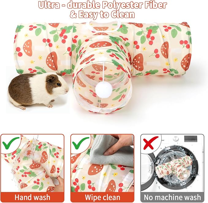 Rypet Guinea Pig Tunnel Hideout 3-Way Collapsible Small Pet Tubes, Cherry | 3 Way Design for Exploration, Collapsible for Easy Storage, Built-in Play Ball, Hiding & Resting for Hamsters Ferrets