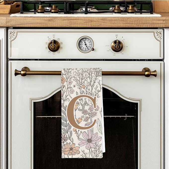 Initial C Personalized Floral Kitchen Towels Dish Towel, Custom Hand Towels for Bathroom, Monogrammed Gifts for Women Mom, Boho Floral Decorative Kitchen Towels Tea Towel, 16x24 Inch