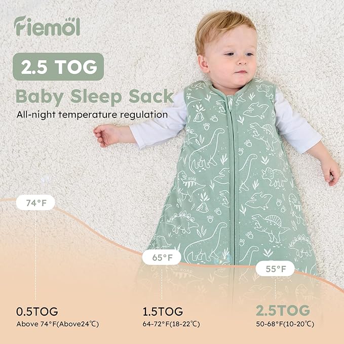 Baby Sleep Sack 0-6 Months, 2.5 TOG Cotton Winter Baby Wearable Blanket with 2-Way Zipper, Warm Soft Sleeping Bag for Newborn Infant Boy Girl, Small Dinosaur