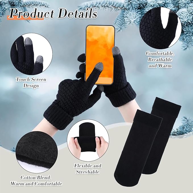 SATINIOR 5 Pcs Winter Satin Lined Hat Scarf Gloves Set Knit Pompom Beanie Warm Touchscreen Glove Earmuff Ear Warmer for Women