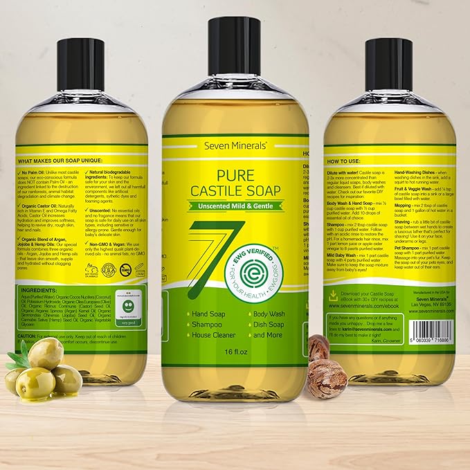 Pure Castile Soap - No Palm Oil, GMO-Free - Gentle Liquid Soap For Sensitive Skin & Baby Wash - All Natural Vegan Formula with Organic Carrier Oils (16 Fl Oz, An Unscented)