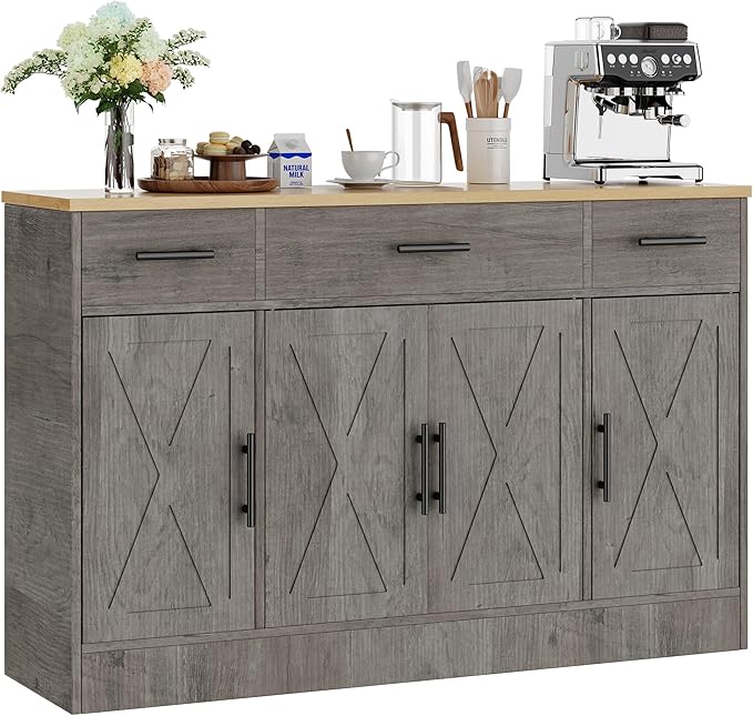 Shintenchi Buffet Cabinet with Storage,53.4" Large Kitchen Storage Cabinet with 3 Drawers and 4 Doors,Wood Farmhouse Buffet Sideboard with Adjustable Shelf for Kitchen Living Room, Gray