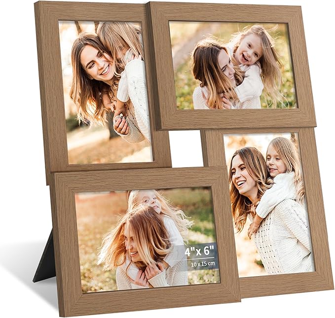 4x6 Picture Frame Collage,4 Photo Frame with Real Glass,Family Picture Frame Collage Wall Hanging or Tabletop Display,Natural Oak