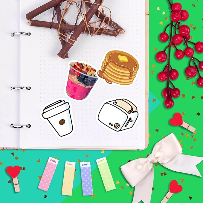 100Pcs Cute Breakfast Food Stickers for Scrapbooking, Water Bottle & Laptop - Breakfast Party Supplies & Decorations, Kawaii Food Stickers, Waterproof Vinyl Decals, Gifts for Women & Men