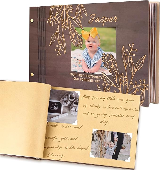 Personalized Baby Photo Album - Wooden Baby Memory Book - Custom Name Baby Scrapbook,Baby Album and Memory Book - Unique Newborn Baby Gift for New Parents