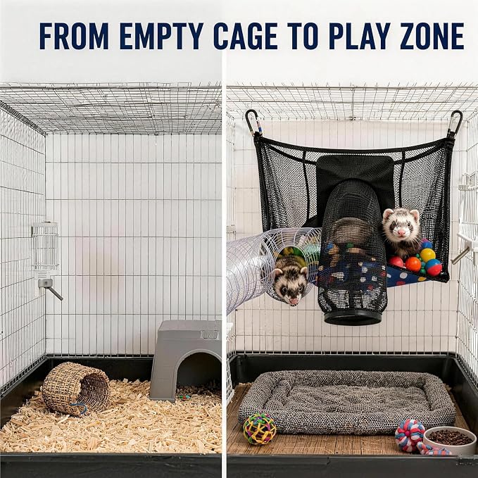 Ferret Ball Pit Hammock, Hanging Ferret Bed Cage Toy with Tunnel Compatible, Mesh Ferret Accessories for Small Animals, No Balls Included