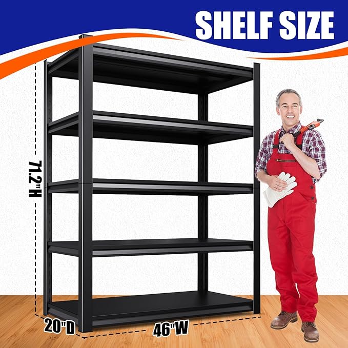 46" W Garage Shelving Heavy Duty Storage Shelves, Metal Adjustable Shelving Unit, Utility Garage Organizer Shelf for Basement, Pantry, Kitchen, Warehouse, 20" D x 46" W x 71.2" H, Black