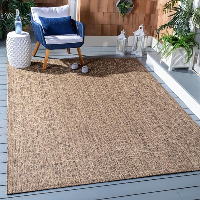 SAFAVIEH Washable Rug Outdoor Courtyard Collection - 4' x 5'7", Dark Beige & Beige, Non-Shedding & Easy Cleaning, Ideal for Patio, Backyard, Mudroom (CY5139B)