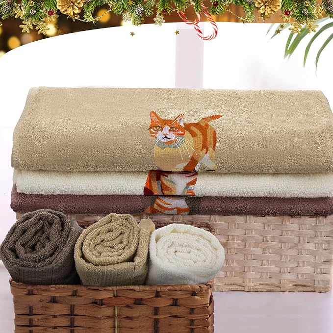 3 Pcs Orange Cat Hand Towels Bathroom Sets Decor | Cute Orange Cat Lover Gifts, Funny Decorative Farmhouse, 100% Cotton, Embroidered Towels for Bathroom Kitchen 13.3 x 29.5''