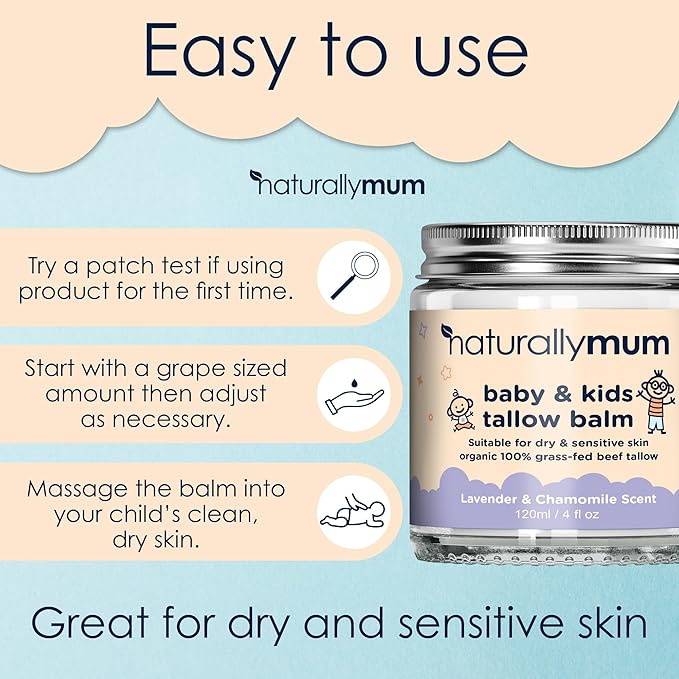 NaturallyMum Baby & Kids Tallow Balm | All-Natural Organic Grass Fed Beef Tallow | Moisturizing Cream | For Dry & Sensitive Skin | All in One Skincare Solution | 4.2 fl oz