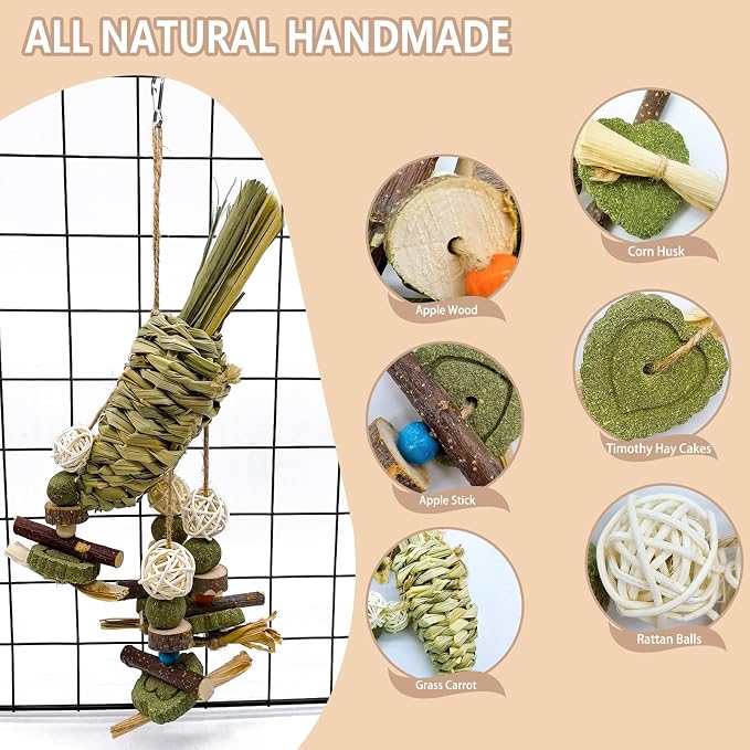 Rabbit Chew Toy, Bunny Cage Hanging Chew Toy & Treats,Natural Material Handwoven Chinchilla Treats Toys for Guinea Pigs Hamsters Rats and Other Small Pets Teeth Grinding
