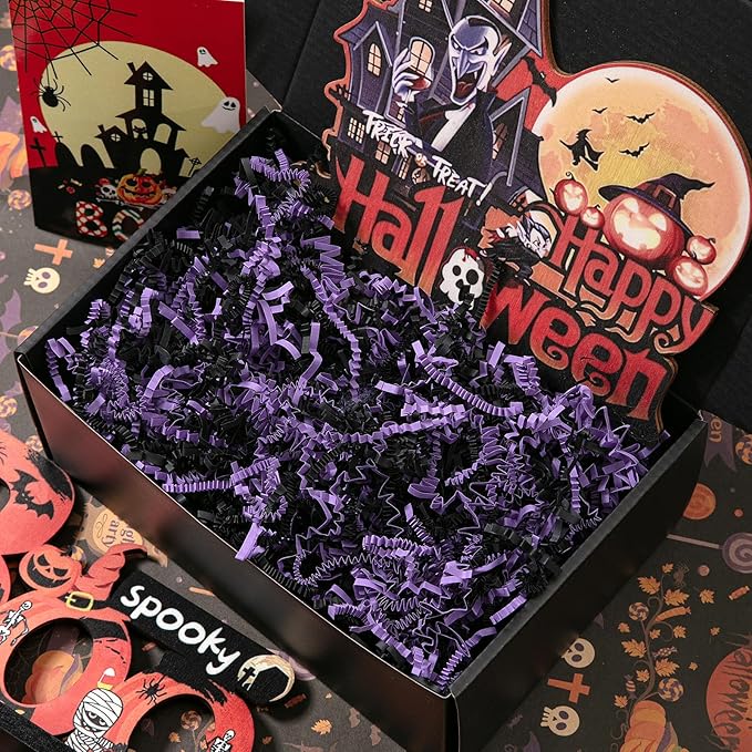 Mefleet 1/2 LB Halloween Crinkle Cut Paper Shred Filler 8 oz Purple & Black Crinkle Shredded Paper for Gift Basket - Gift Box Bag Filler - Grass Cushion Stuffing for Halloween Packaging Wrapping