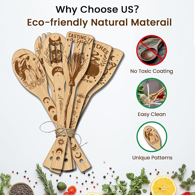 CUTHOLLOW 6PCS Magic Witch Wooden Kitchen Cooking Utensil Set, 11.9in Non Toxic Bamboo Wood Spoon Set for Cooking, Best Housewarming Halloween Decor Gift for Women Mother