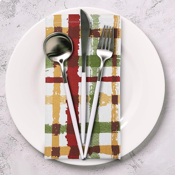 Urban Villa Harvets Dinner Napkins Set of 12, 20x20 Inches Soft Premium Hotel Quality Napkins, Highly Absorbent, Reusable & Washable Table Dinner Napkins - (Multicolor, Fall Checks)