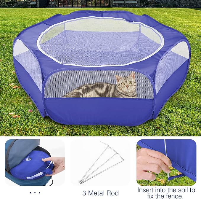 Pawaboo Small Animal Playpen with Zippered Cover,Indigo | Portable pop-up pet tent for supervised rabbits, guinea pigs, chicks and kittens; water-resistant bottom and 3 metal rods