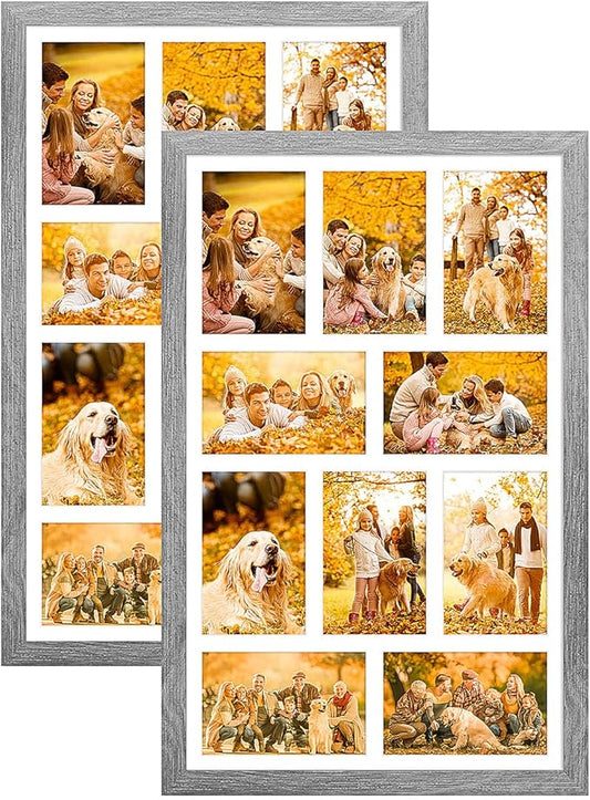 13x21 Collage frame with 10 Openings 4X6 Pictures, Multiple Picture Frame with Mat, Wall or Tabletop Decor, Grey Wood Grain,2 Pack