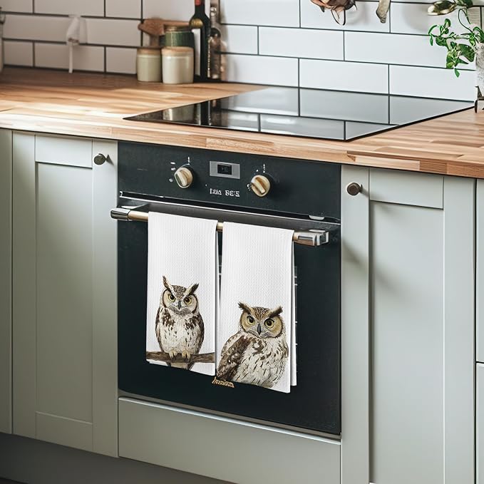 Funny Fall Owl Kitchen Towels and Dishcloths Sets of 2, Owl Home Decor Gifts for Women, Woodsy Rustic Cabin Lodge Forest Nursery Decor Dish Hand Tea Towels for Home Bathroom Kitchen,16x24Inch