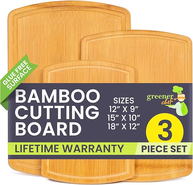 Wooden Cutting Boards for Kitchen with Glue-Free Surface and Lifetime Replacements – Organic Bamboo Chopping Board with Juice Grooves for Carving & Serving, Non Toxic & Durable by Greener Chef