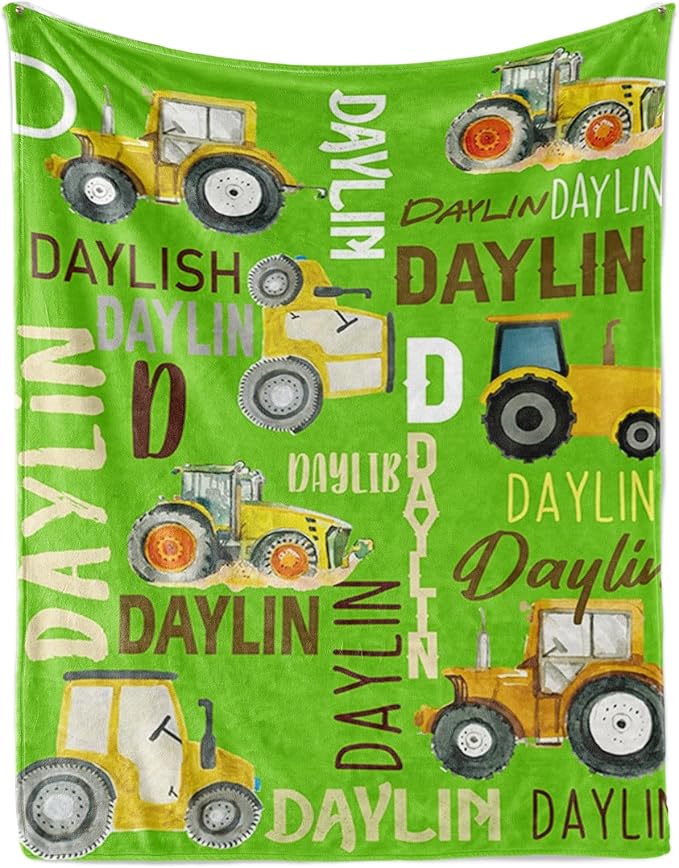 Personalized Tractors Blanket - Custom Name with Farm Tractor Trucks Design - Soft Plush Flannel Bed Blanket for Baby Kid Teen Boys Girls Customized Gifts Bright Green
