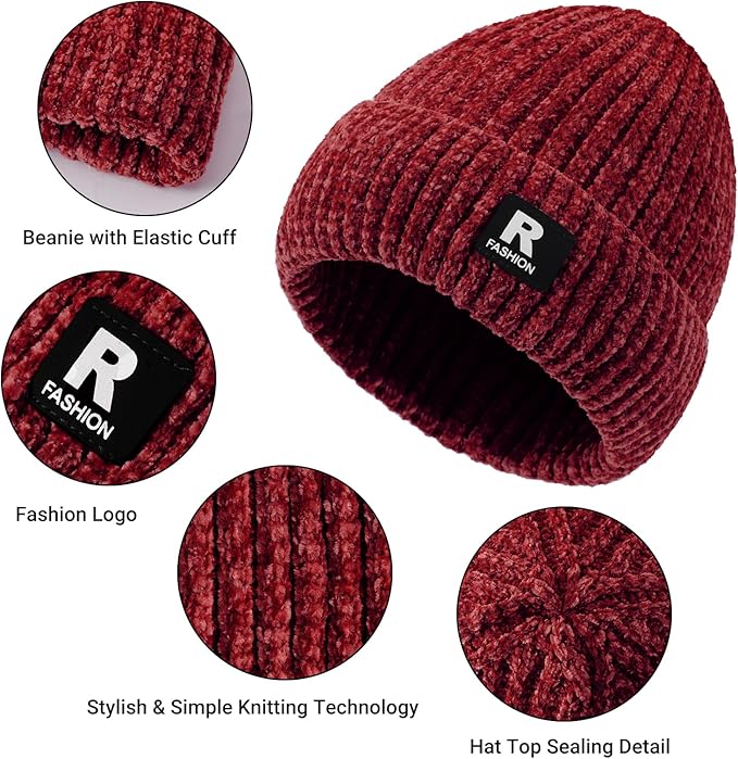 Winter Beanie Hat Circle Scarf Gloves Set for Men Women, Thick Warm Chenille Skull Cap Touchscreen Gloves Neck Warmer