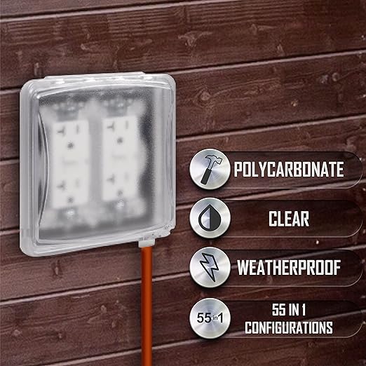 TayMac MM1410C 55-in-1 Configurations 2-Gang, Vertical Weatherproof Plastic Flat Cover, Clear