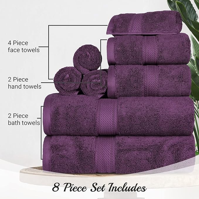 BLUENILEMILLS Madison Egyptian Cotton Towels, Towel Set for Bathroom, Shower, Hotel, Plush, 900 GSM, Highly Absorbent and Ultra-Soft Towels, Bath Essentials, 8 Piece Assorted Towel Set, Plum