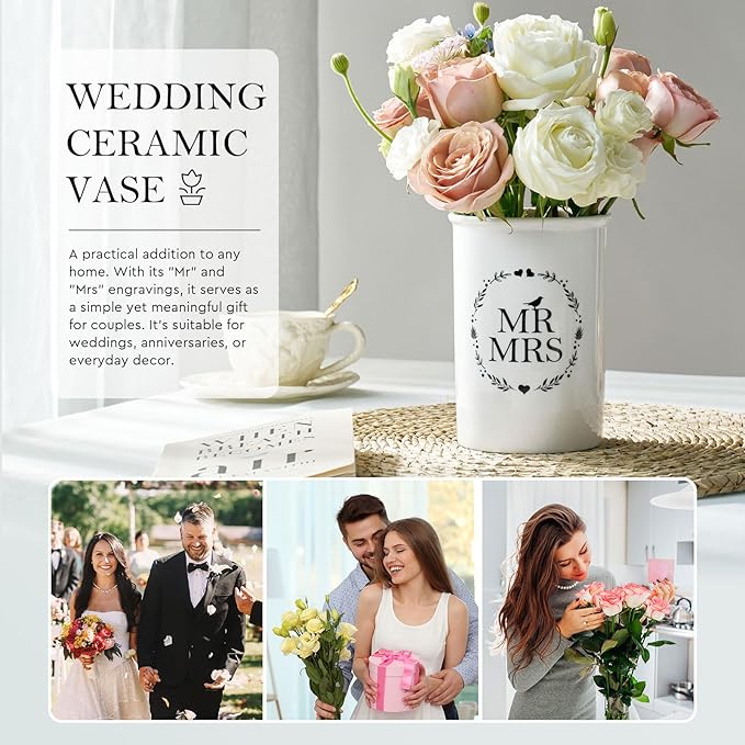 AW Bridal Mr and Mrs Wedding Vase Decorations, Bridal Shower Gifts for Bride, Wedding Table Decorations for Women Friends, Anniversary Engagement Gifts for Couples and Newly Engaged