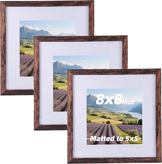3 Pcs 8x8 Rustic Brown Wood Picture Frame - Display Pictures 5x5 with Mat or 8 x 8 without - Distressed Brown Wooden Photo Frames for Wall Mounting or Table 8 8 Matted to 5x5 Farmhouse Set of 3