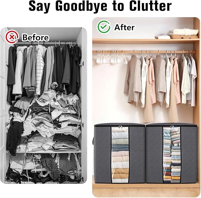 Clothes Storage Bags, 4-Pack Comforter Blanket Organizers, 80L Large Capacity Containers with Visual Window for Clothing, Quilt, Sheet, Pillow, Closet Organization for Bedding (Grey)