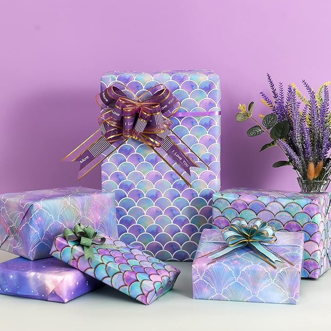 PlandRichW Birthday Wrapping Paper Folded for Girls Kids Baby Women Mermaid Scale Scallop Galaxy 4 Styles of Gift Wrapping Paper for Weddings Graduation Anniversaries 12 Sheets 20 X 29 Inch