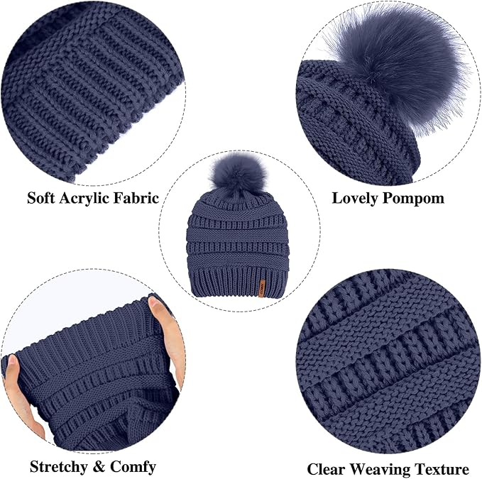 Aneco Womens Winter Warm Sets Knitted Fur Pompoms Beanie Hat Circle Loop Scarf Touch Screen Gloves Winter Favor Accessories