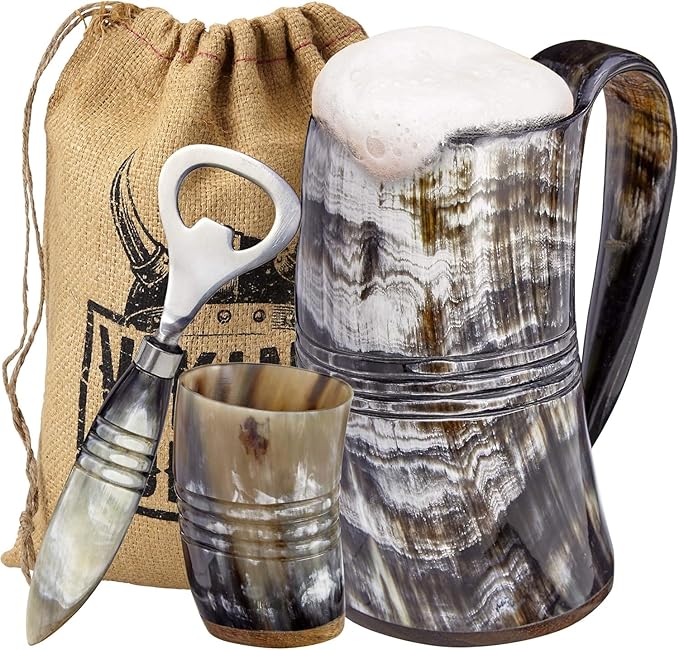 Viking Culture Ox Horn Mug, Shot Glass, and Bottle Opener (3 Pc. Set) Authentic 16-oz. Ale, Mead, and Beer Tankard | Vintage Stein with Handle, Natural Finish | The Jarl