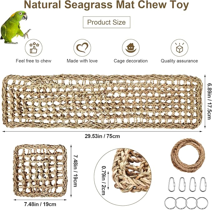 2 Pack Natural Sea Grass Parrot Mat, Bird Hammock Woven Climbing Net | DIY Bird Foraging Wall Hanging Play Pad, Bird Cage Accessories for Lovebirds, Cockatoos, Budgies, Conures & Pigeons
