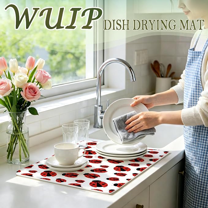 Red Ladybug Dish Drying Mats for Kitchen Counter, Ladybug Gifts for Women, Ladybird Absorbent Reversible Coffee Bar Mat Drying Pad for Kitchen Decor, 12x15 Inch