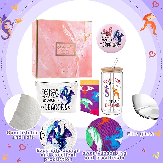 Kacctyen 5 Pcs Christmas Dragon Gifts for Women Dragon Lover Birthday Gifts 16oz Glass Cup Tumbler with Lid Straw Makeup Cosmetic Bag Pocket Mirror Sock for Animal Lovers Her Daughter Friend Sister