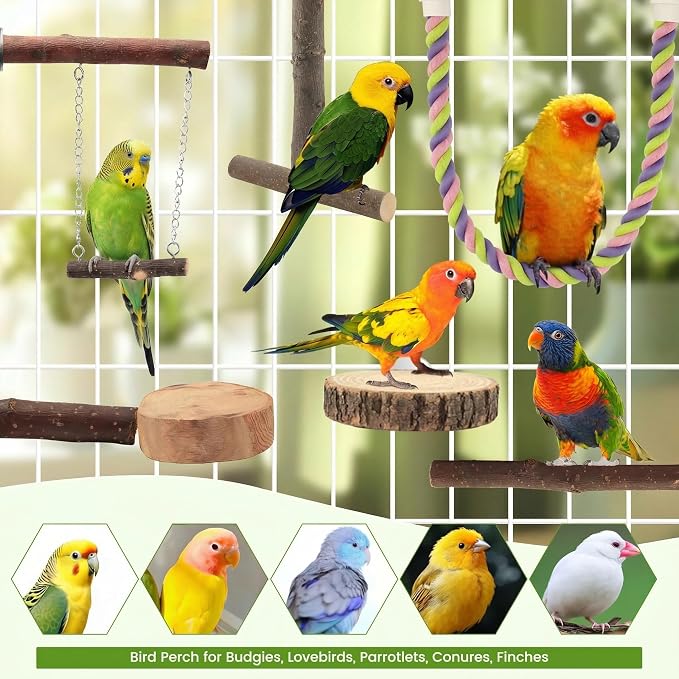8 Pcs Natural Wood Bird Perch Swing & Bird Rope Platform Set | Fits Small/Medium Parrots (Budgies, Conures) | Multi-Level Cage Gym for Climbing | Safe Chewing | Tool-Free Mount