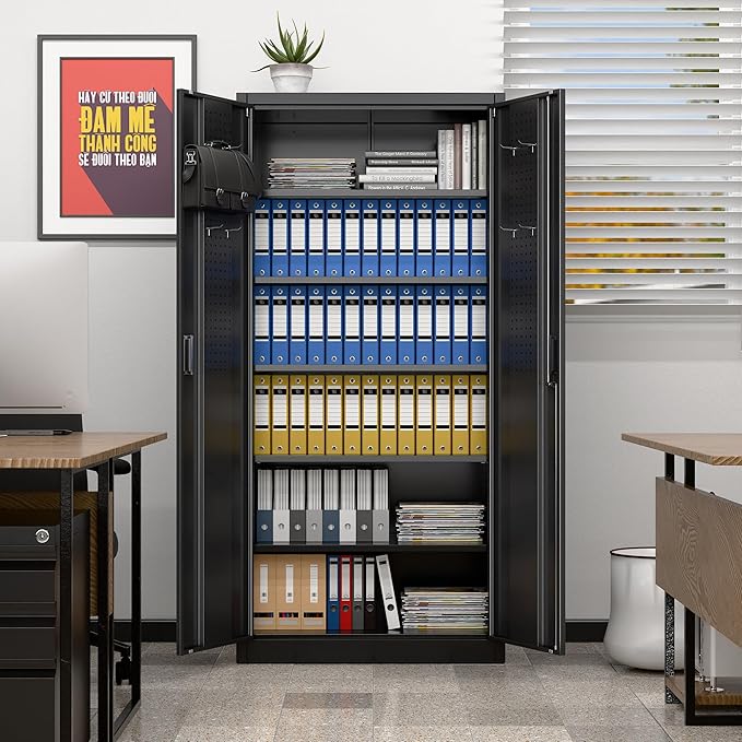 Lockable Garage Storage Cabinet with 5 Adjustable Shelves, 71" H Black Metal Storage Cabinet with 2 Pegboard Doos for Garage, Home, Assembly Required, Black