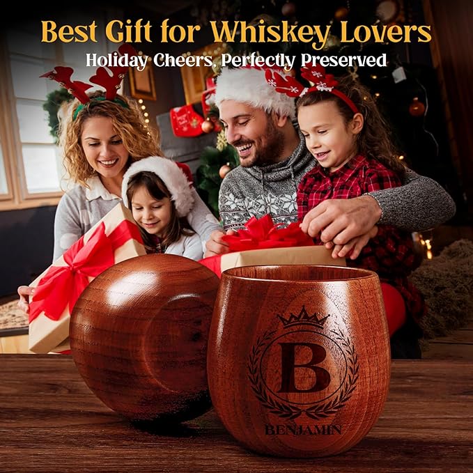 Personalized wooden whiskey glass with engraved name, custom engraved bourbon whiskey glass for men gift, dad, husband, brother