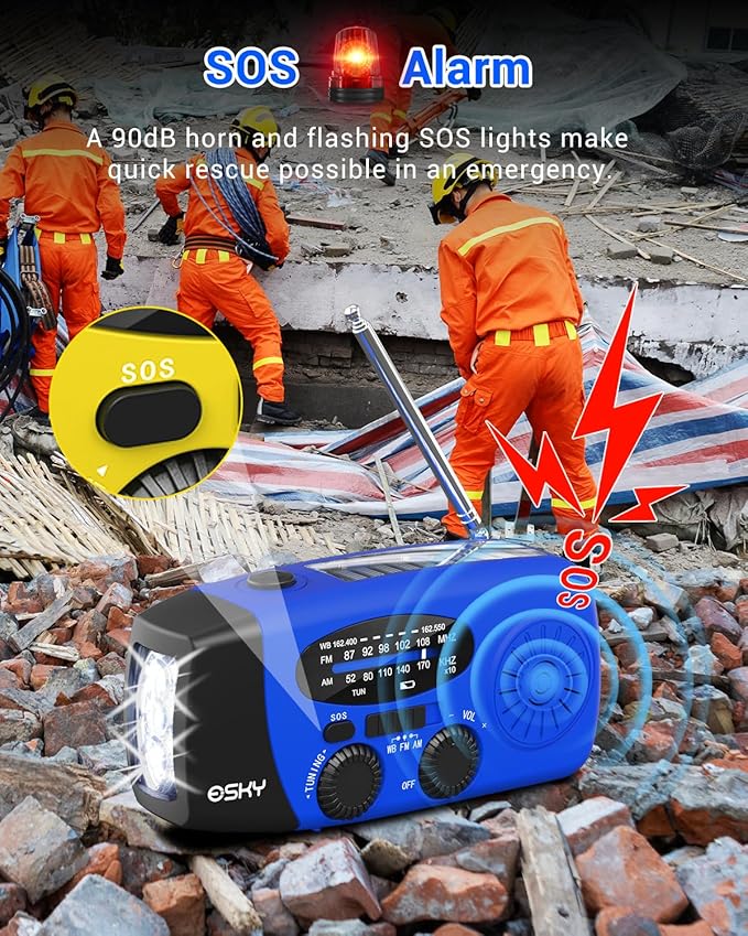 Esky Emergency Hand Crank Radio with 3 LED Flashlight, AM/FM/NOAA Portable Weather Radio with 2000mAh Rechargeable Battery, Solar Powered USB Charged Radio for Indoor Outdoor Camping, Blue