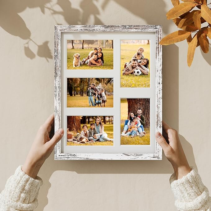 Vittanly 11x14 Collage Picture Frame, Displays 5Pcs 4x6 Pictures with Mat or 1Pcs 11x14 without Mat for Wall Mounting, Picture Frames Collage Wall Decor in Distressed White, 1 Pack