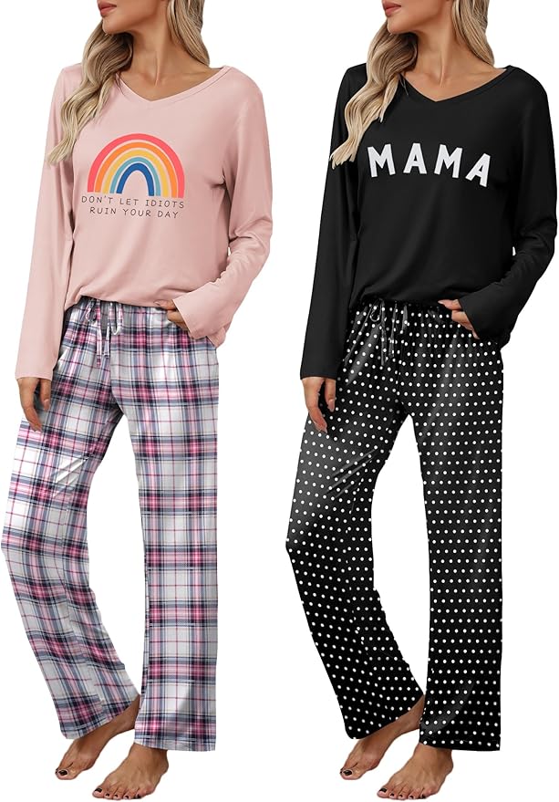 Ekouaer Womens 2 Pack Pajama Set Long Sleeve Pajamas Top and Pants V Neck Pjs Set Soft Loungewear with Pockets