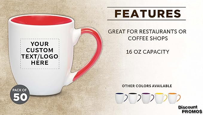 Custom Bistro Style Large Coffee Mugs 16 oz. Set of 50, Personalized Bulk Pack - Perfect for Coffee, Tea, Espresso, Hot Cocoa, Other Beverages - Red