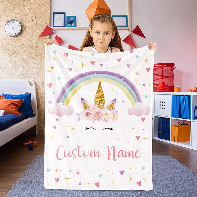 Personalized Unicorn Blanket with Name for Girl, Custom Kids, Soft Flannel Pink Toddler Customized Gift Birthday Christmas Baby Shower Newborn 30'' X 40''