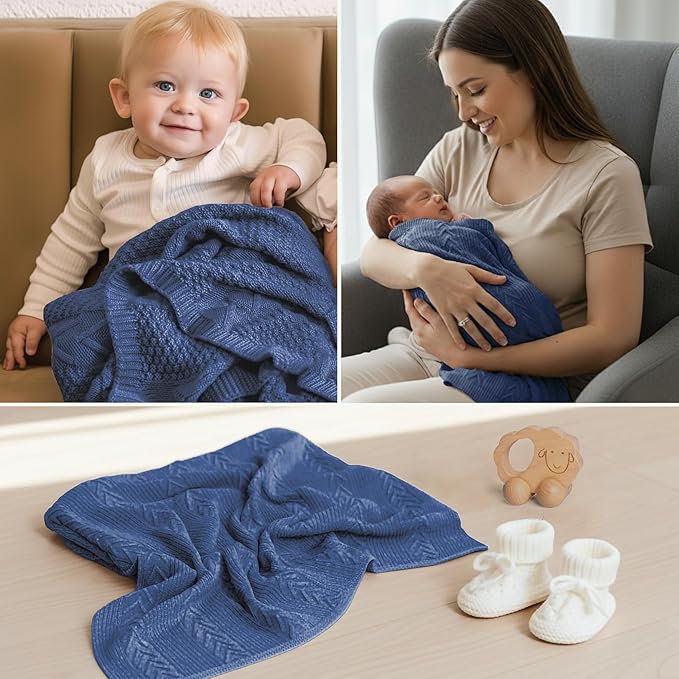 Organic Cotton Baby Blanket - 31.5 x 43.3 Inches, Soft Knitted Crib Blanket for Boys & Girls, Breathable Design (Blue)