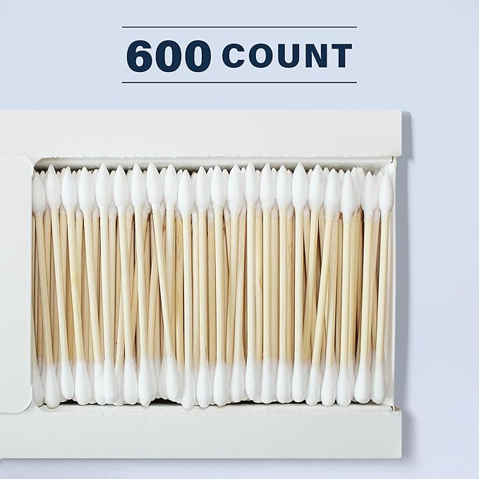 Bamboo Cotton Swabs 600 Count/1 Box, One Pointed Tip and One Rounded Tip, Biodegradable Cotton Buds with Organic Bamboo Sticks, for Ear Wax Removal, Draw the Eyeliner, Nail Polish Touch-ups